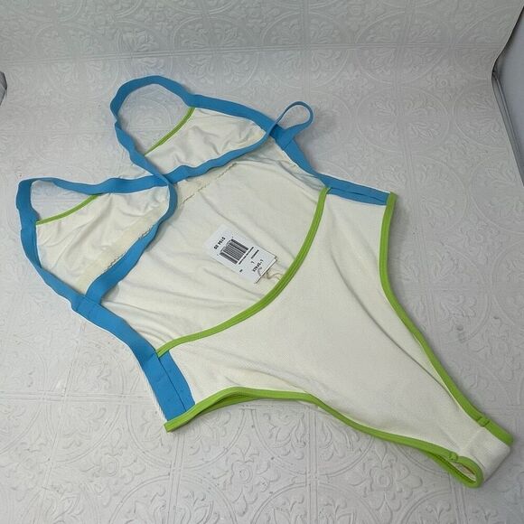 L Space Cream Blue Green Baewatch Colorblock Ribbed One Piece Swimsuit Large NWT - Picture 2 of 11